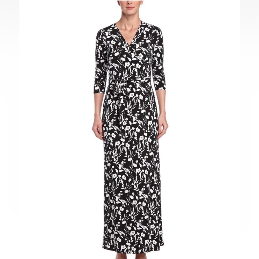 Leota NY 'Perfect Maxi Wrap Dress' Black Wildflower Print Sz S Beautiful! NWT